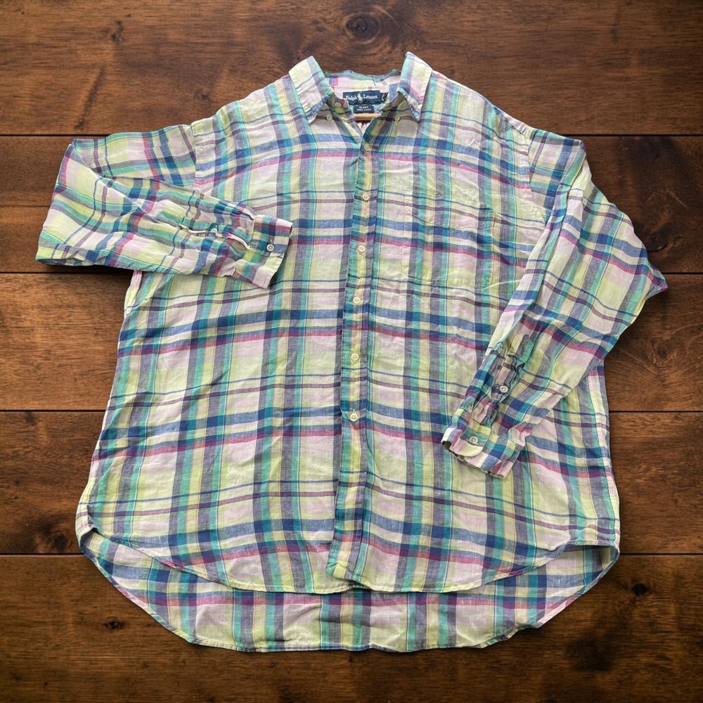 Ralph Lauren Blake Mens XL Linen Plaid Button Down Shirt Multi Color Long Sleeve